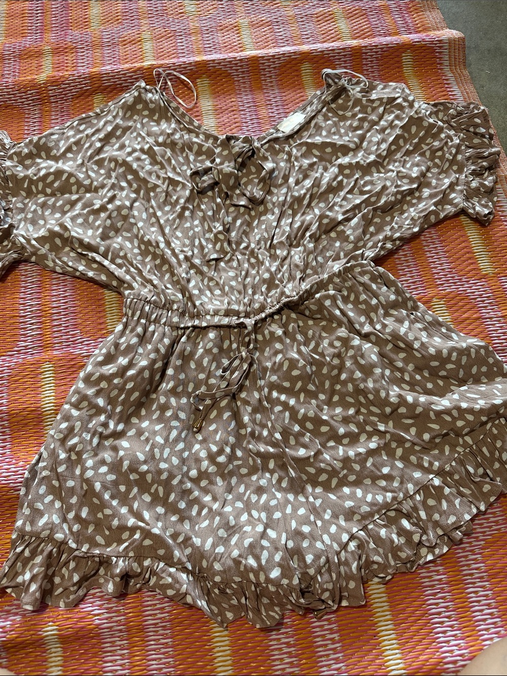 Taupe Polka Dot Short-Sleeve Tie-Waist Romper